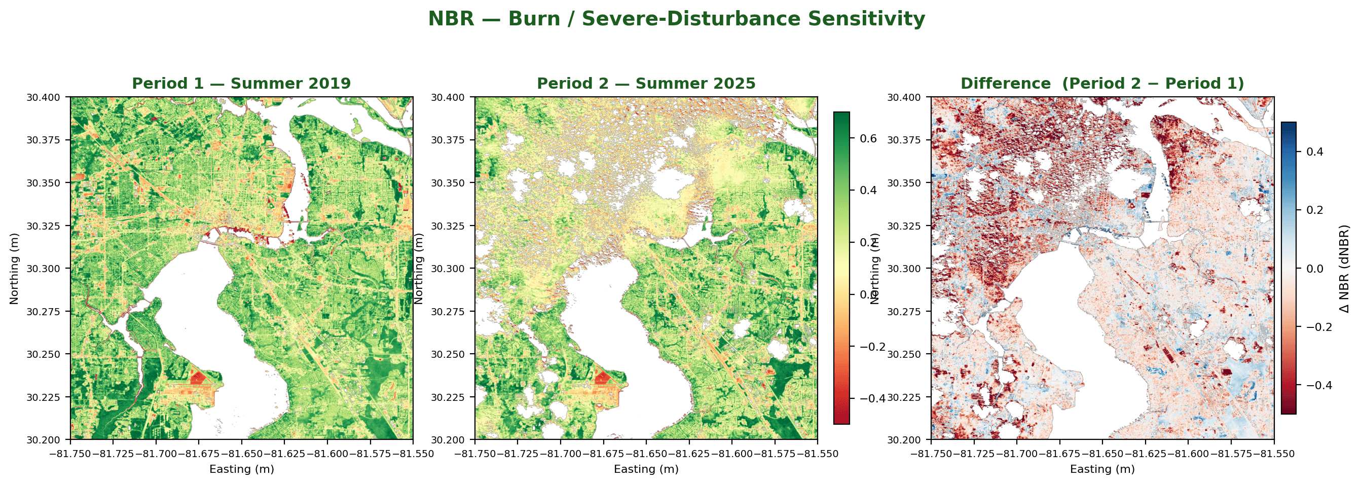 Sample TerraBee-CD burn/severe-disturbance sensitivity before-and-after comparison map