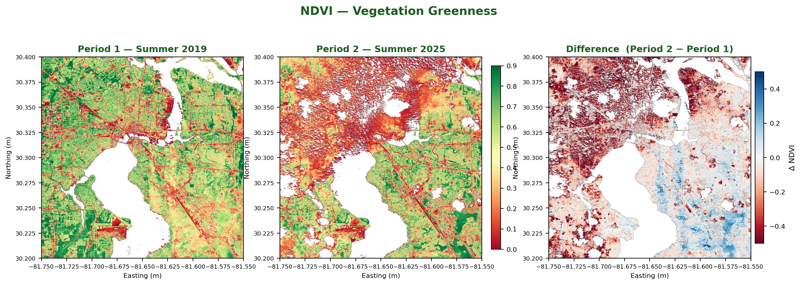 Sample TerraBee-CD NDVI before-and-after change detection comparison map